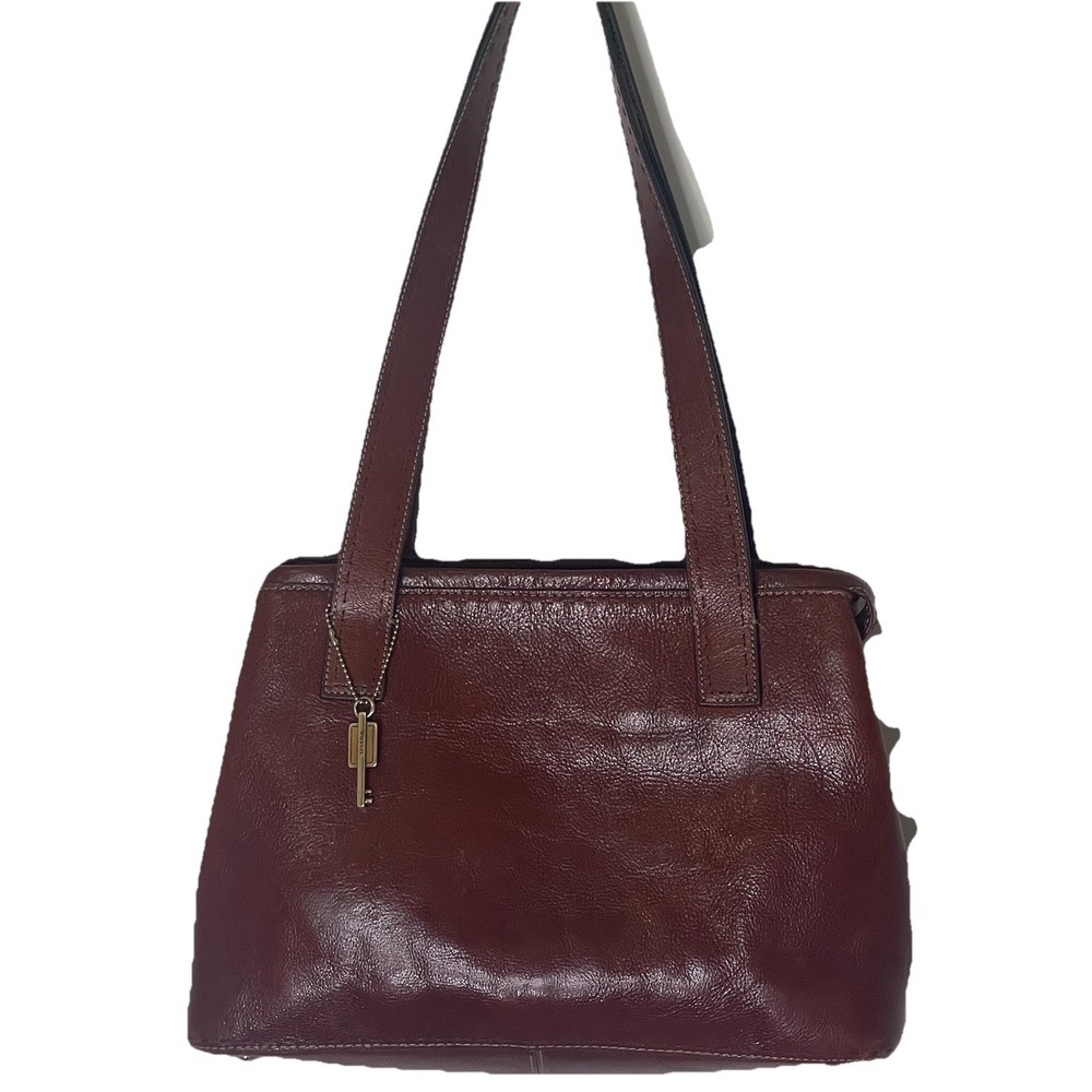 Vintage Fossil Burgundy Leather Satchel Shoulder Bag Key Charm Classic Structure